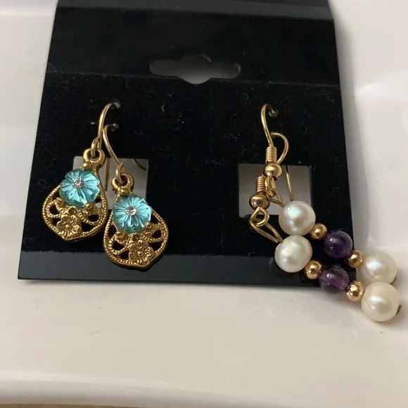 3 Pairs Semi-Precious/10K Gold Plated Earrings From India - Picture 3 of 4